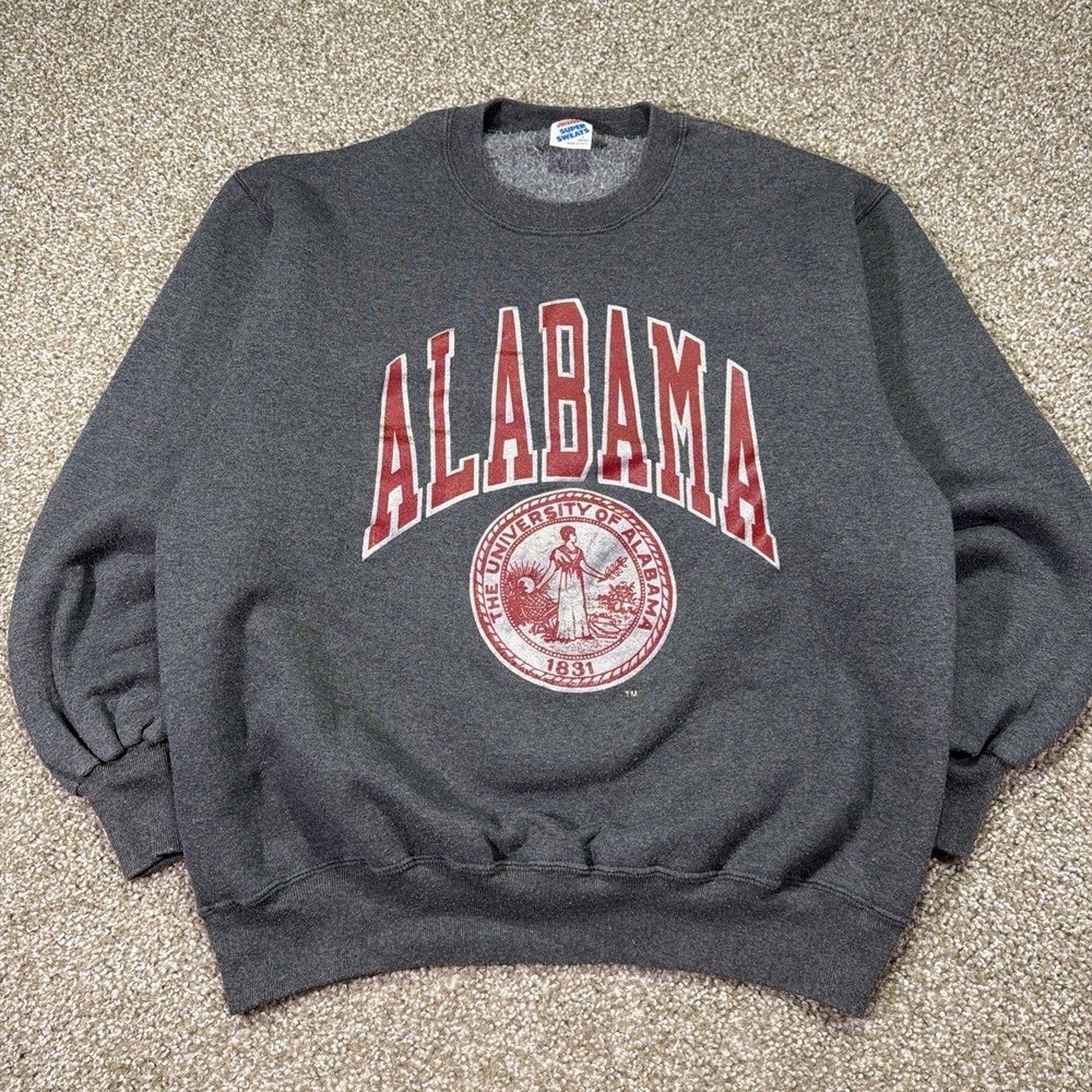 Alabama Crimson Tide Sweatshirt Vintage 80s Large Jerzees Gray Essential Retro - Picture 1 of 6